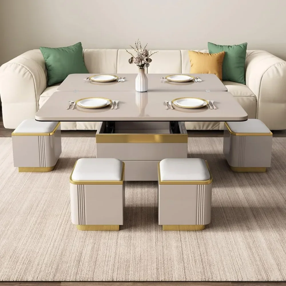 Lift Top Coffee Table with 4 Storage Stools, Lift Tabletop Sofa Table,Multi-Functional Working Table,Low Floor Table