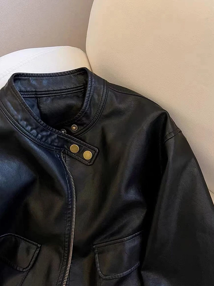 Chaquetas de motociclista Vintage para mujer, ropa de calle informal de manga larga Y2K, abrigo Retro americano con bolsillos y cuello redondo, prendas de vestir para otoño e invierno, Tops nuevos