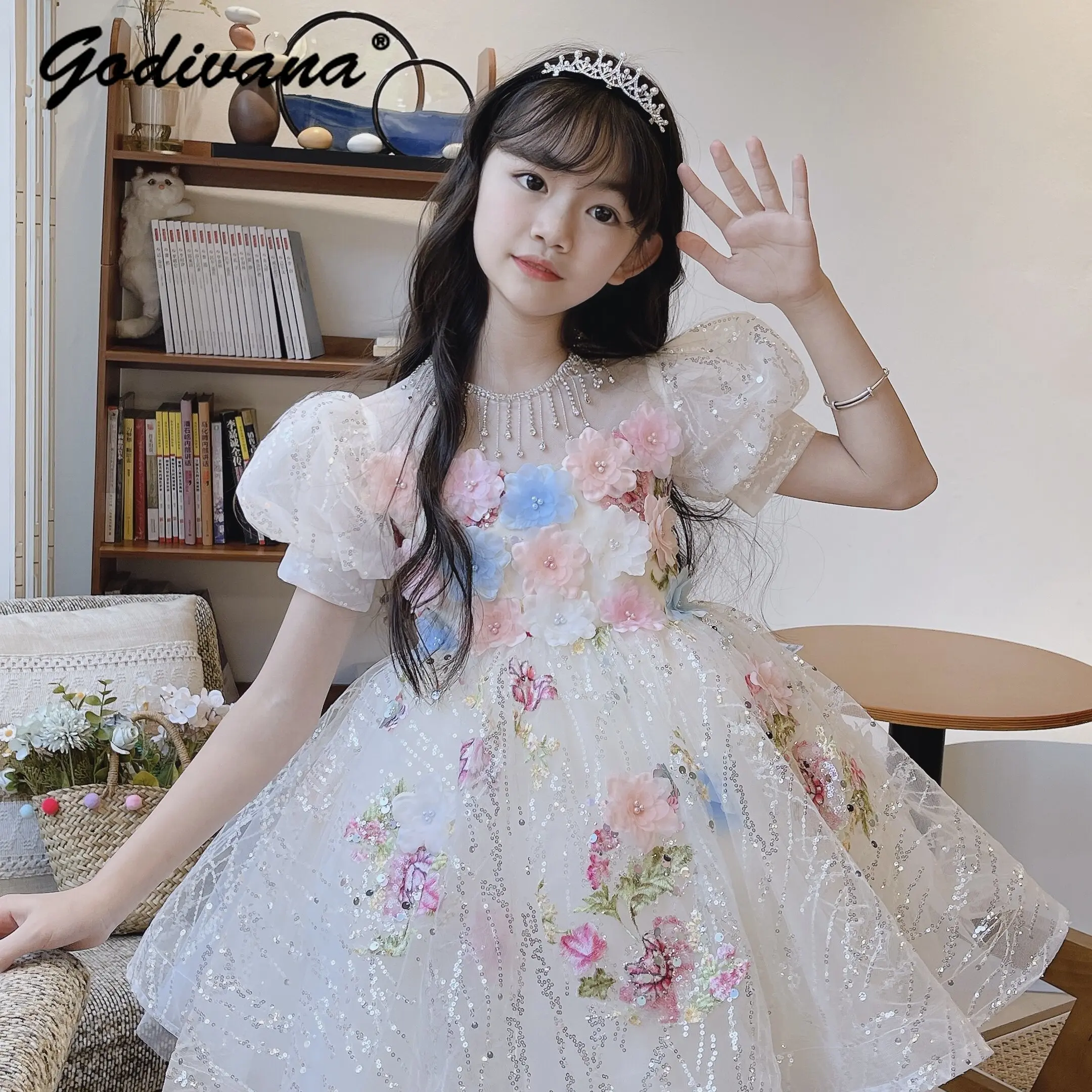Sweet Baby Girls Princess Dress Kids Heavy High End Mesh Sequin 3D Floral Embroidery Puff Sleeve Performance Birthday Party Gown