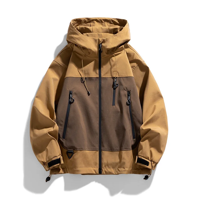 

Windproof Multi-pocket Jacket Loose Fit Hooded Patchwork Casual Outerwear Zipper Closure Long Sleeve