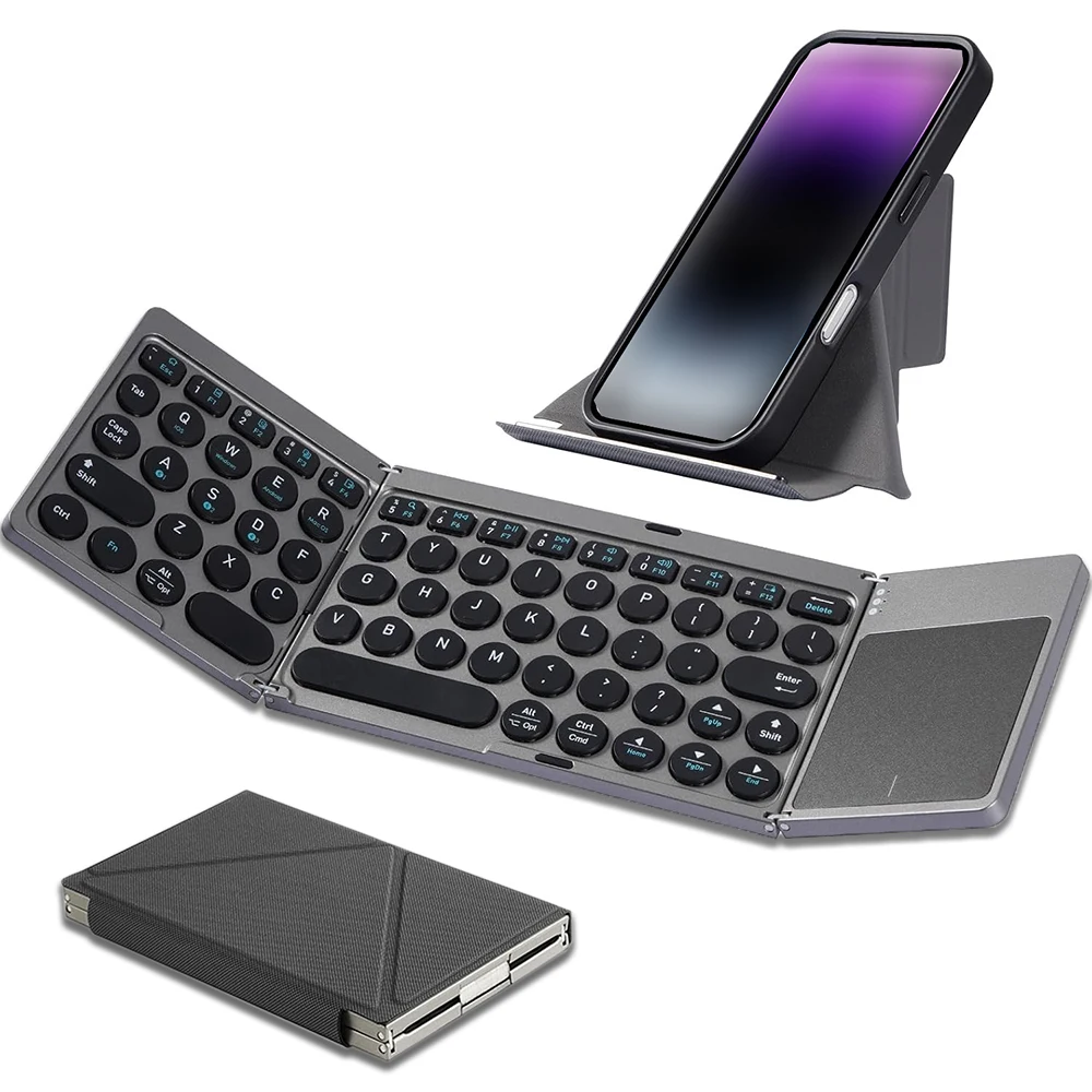 Rechargeable Bluetooth Wireless Touchpad Keyboard with Folding Leather Stand,Portable 64 Key Travel Keyboard for Window/Mac OS