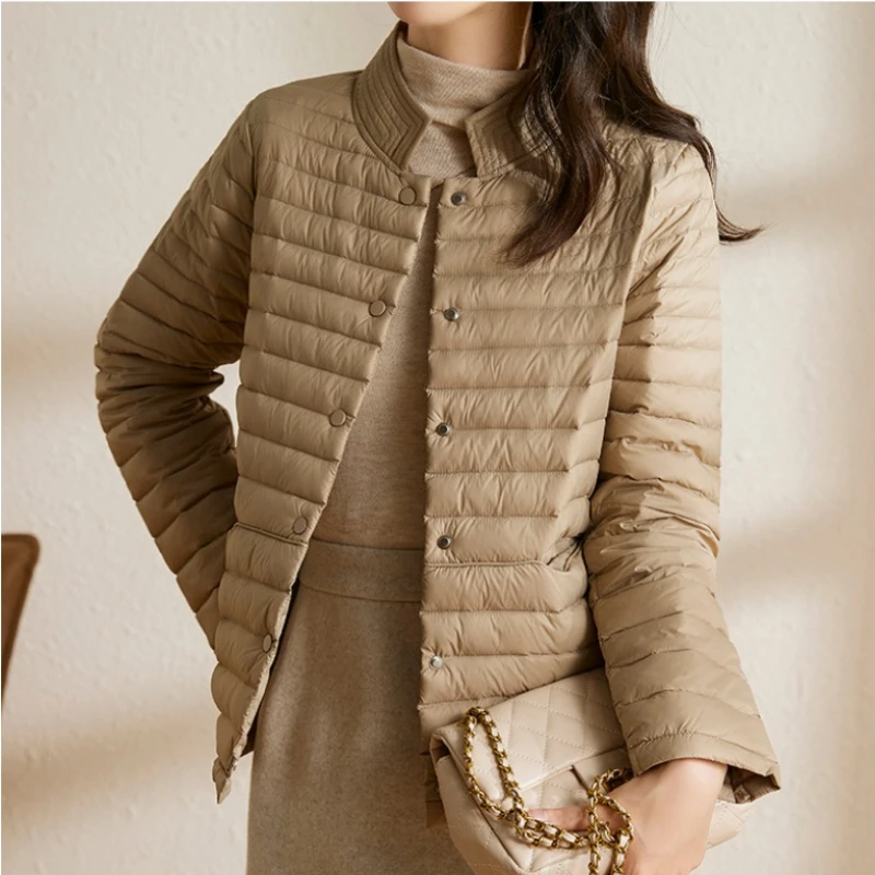 Fashionable Spring and Autumn Thin Down Jacket Women's Casual Light and Short White Duck Down Standing Collar Puffer Jacket 2023