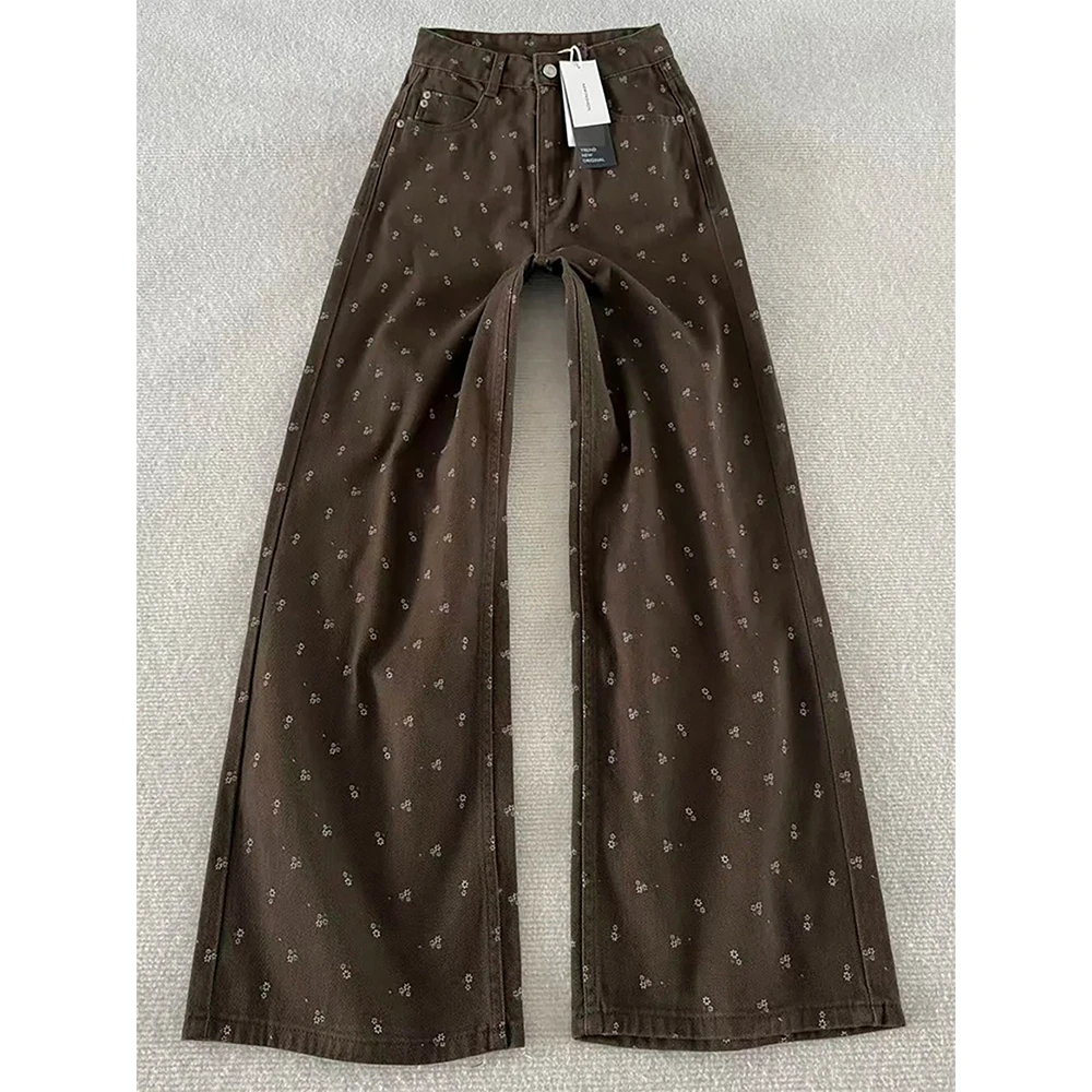 Floral Print Coffee Denim Pants for Women American Style High Waist Straight Loose Wide Leg Jeans Vintage Y2K Casual Trousers