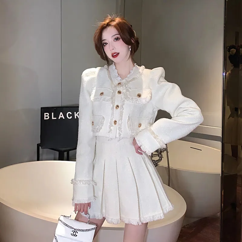  Tweed Women Black Vintage Office Lady Single Breasted Blazer Female Casual Slim Short Blazer Coats Tweed Jacket Black Tops
