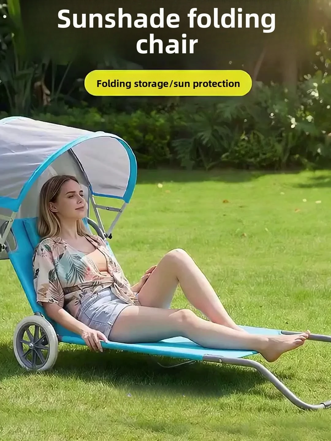 Easy-Carry Wheeled Beach Chair, with Sun Canopy, Quick-Fold, Lightweight Compact, Travel-Friendly, for Sand