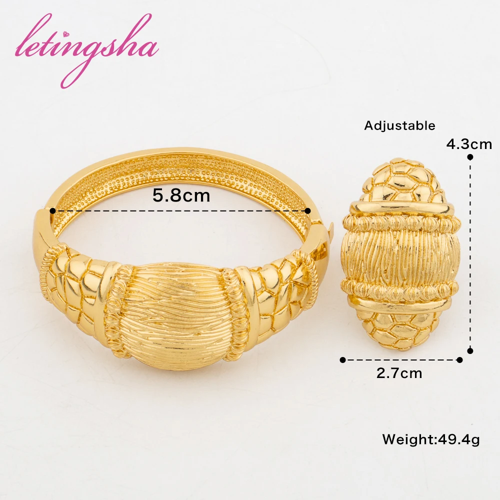 Gold Color Round Brushed Design Cuff Bangle Ring Set Fashion Jewelry Set for Women New Design Bracelet Weddings Bridal Jewellery