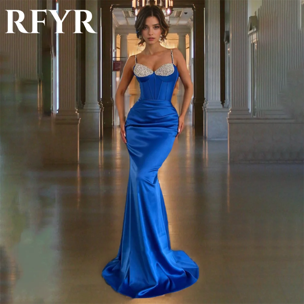 

RFYR Trumpet Formal Dress Satin Party Dress Spaghetti Strap Sequined Special Occasion Dress for Women vestidos fiesta Customized