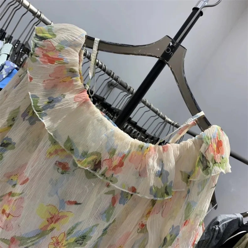 Summer New 2026 Feminine Chiffon Slash Neck Sweet Ruffled Tops Lantern Sleeve Floral Print Loose Fit Lightweight Flowy Gentle