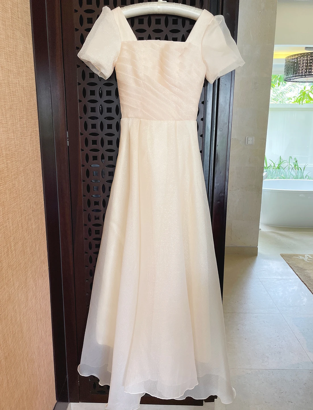 OEING Square Collar Korea Garden Evening Dresses Short Sleeves Formal 프롬드레스 Floor Length Elegant Prom Growns Party Women Bride