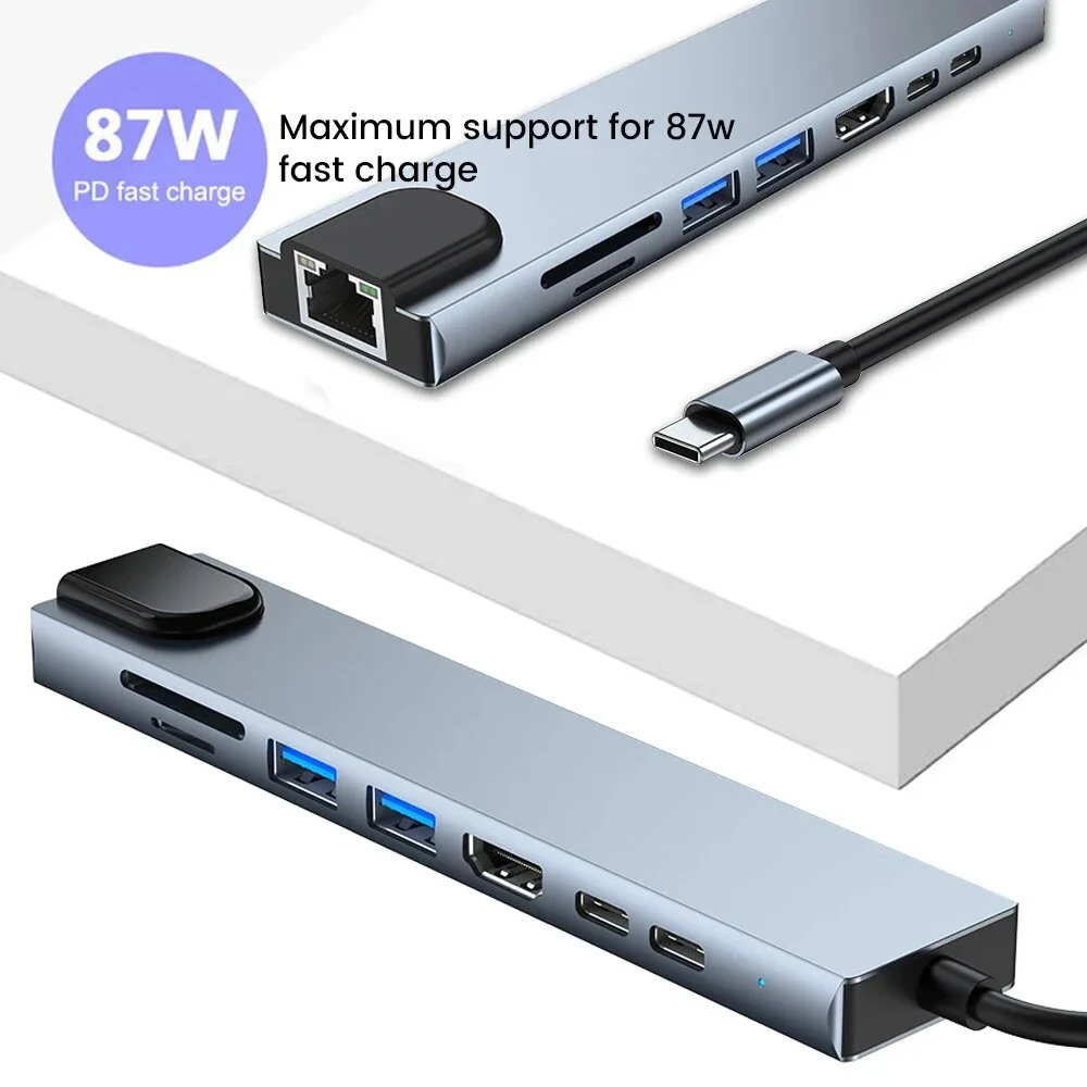 Hub USB C 8 in 1 da tipo C a multiporta 4K HDMI RJ45 PD Carica lettore di schede SD/TF da tipo C a USB Adattatore Dock per MacBook Air Pro PC