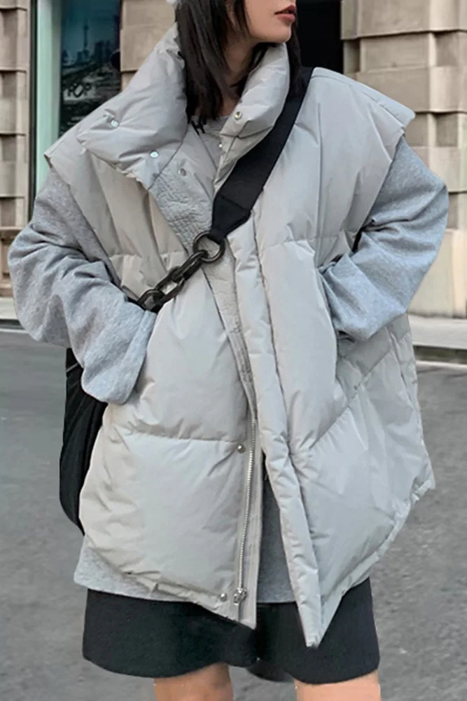 سترات نسائية بدون أكمام وسحاب سترة صوفية صلبة معاطف جيوب فضفاضة ملابس خارجية غير رسمية بياقة واقفة وزر مغطى