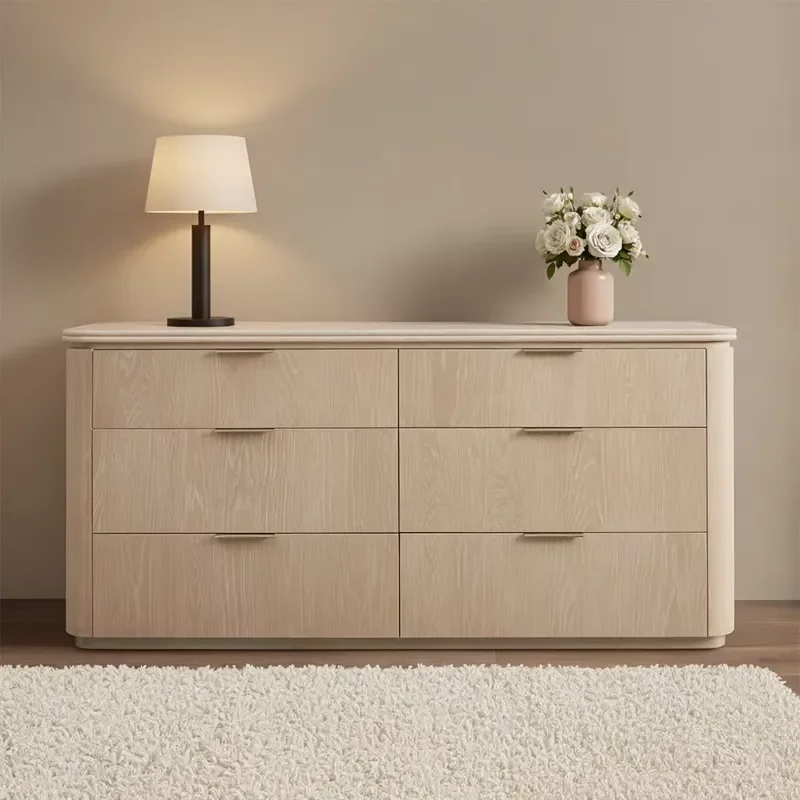 European Style 6 Drawer Dresser Natural Stone Top Solid Oak Modern Luxury Storage Cabinet for Bedroom Living Room Furniture