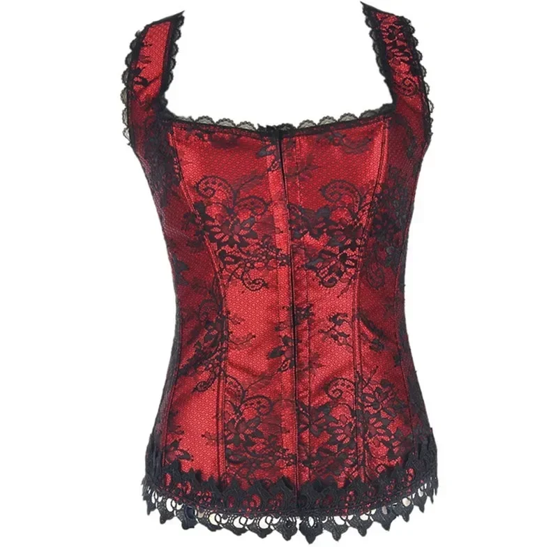 Corset Bustiers Top Women Sexy Vest With Lace Up Corsets Overbust Flower Print Zip Brocade Vintage Gothic Halter Red