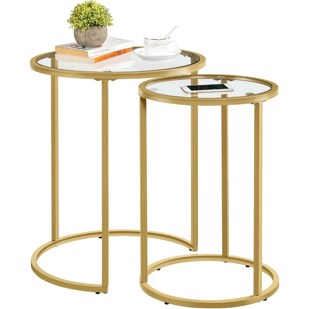 

Round Nesting Side Tables, Set of 2, with Metal Frame and Tempered Glass Top