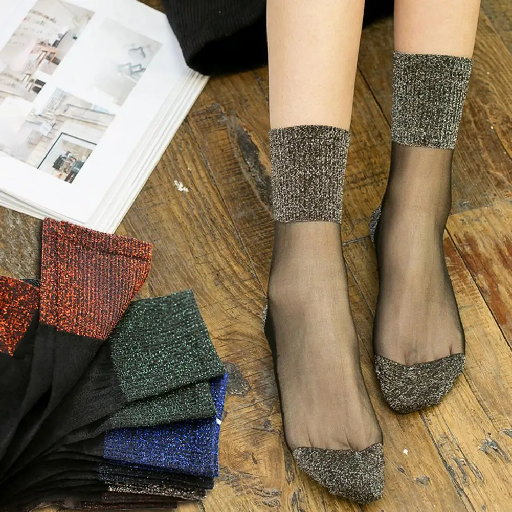 10 Pairs Women's Sheer Glitter Ankle Socks Silky Transparent Sparkly Socks Ultrathin Shiny Short Socks for Spring Summer