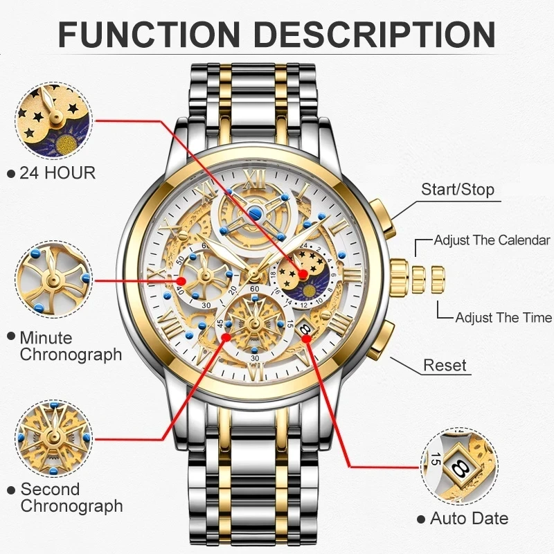 LIGE Top Brand Men\'s Watches Luxury Waterproof Quartz Watch For Men Gold Skeleton Fashion Style Male Wristwatches Reloj Hombre