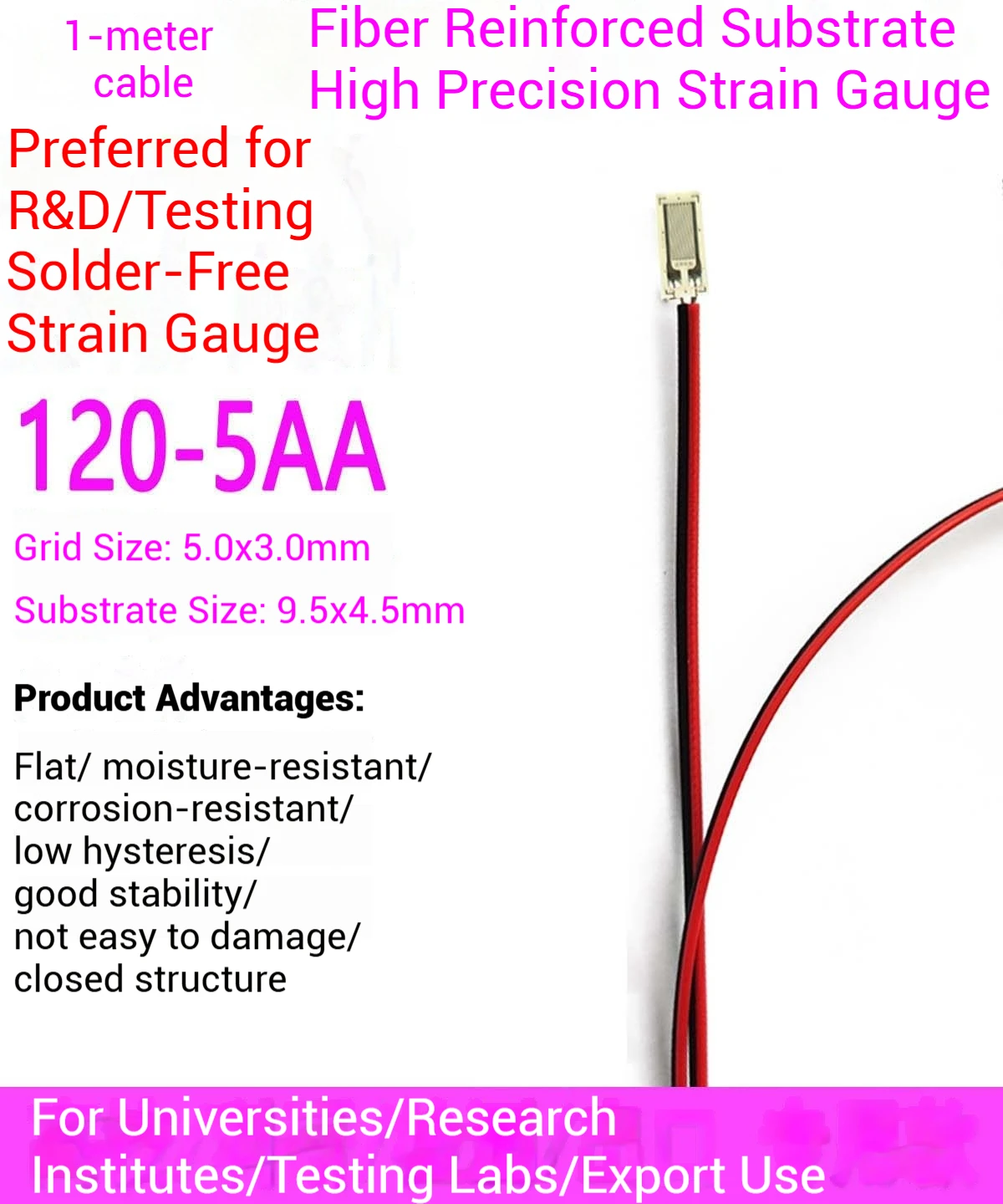 BF120-5AA مقياس الضغط المقاوم عالي الدقة من نوع الرقائق المعدنية، جسر واحد 120 أوم مع سلك تمديد (بدون محطة)