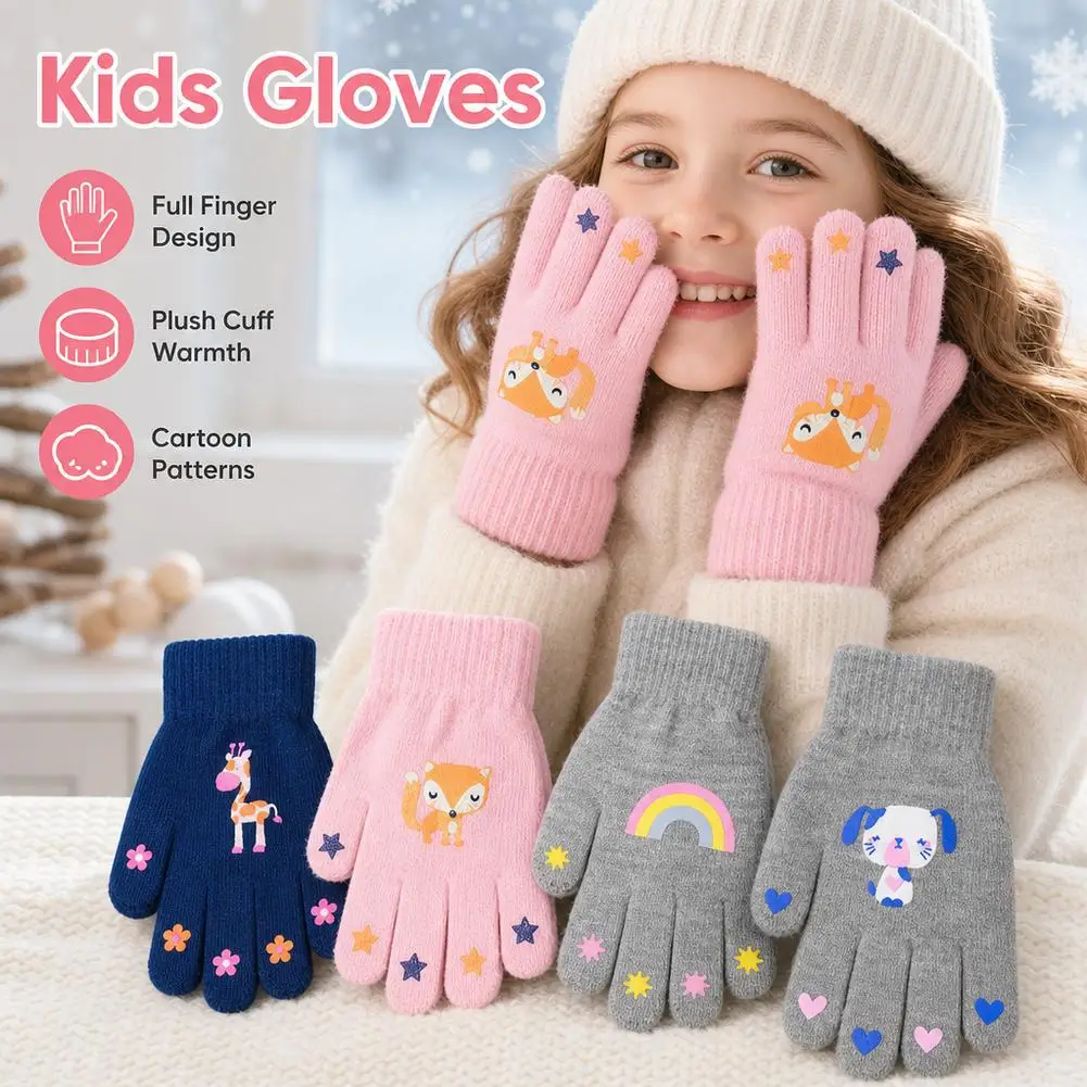 Cartoon Kids Winter Knit Gloves Cute Animal Design Stretchy Full Finger Warm Knitted Mittens for Boys Girls Toddler 4-7-12 Years