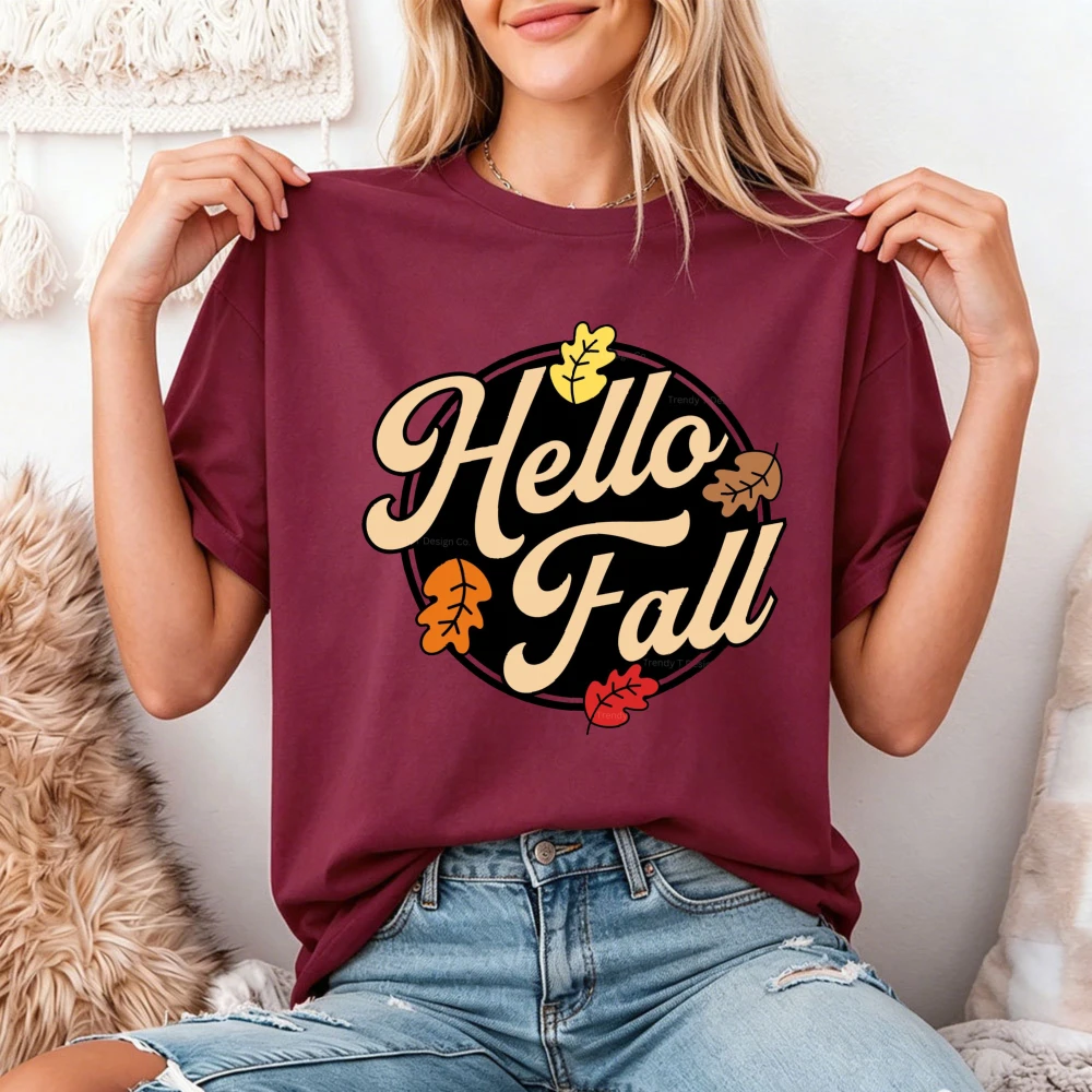 Hello Fall Circle Leaf Graphic Maroon Tee Women Seasonal Text T-Shirt Cozy Autumn Top Vintage Font Shirt Casual T Shirt