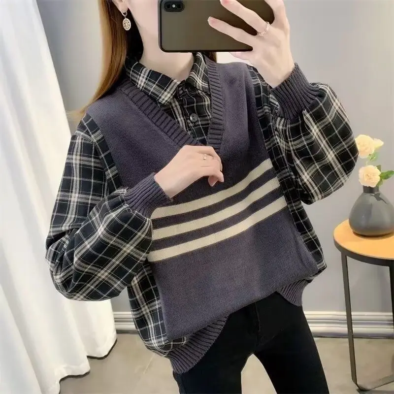Fake Two Women's Sweaters Checkered Women's Sweater  Striped sweater  stripe shirt Autumn Women's Sweater korean fashion win