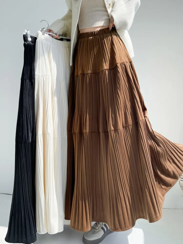 Ele falda de pastel de terciopelo para mujer Otoño Invierno cintura alta A-Line Falda Midi plisada empalme coreano Sle Commute Dr