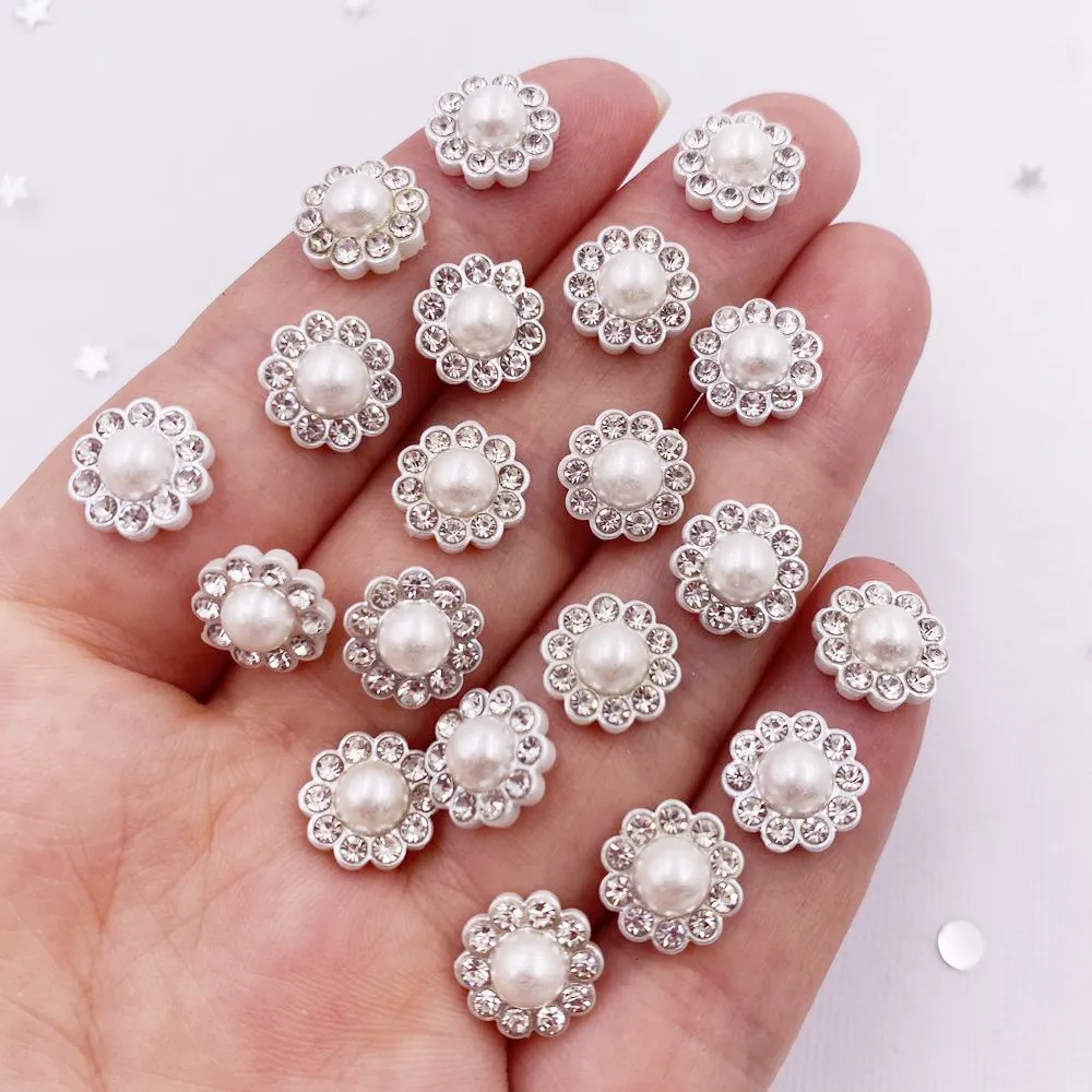 50pcs Resin Flower Round Pearl  Flatback Crystals Nail Rhinestone Applique Wedding DIY Scrapbook Ornament Craft Accessories SV01