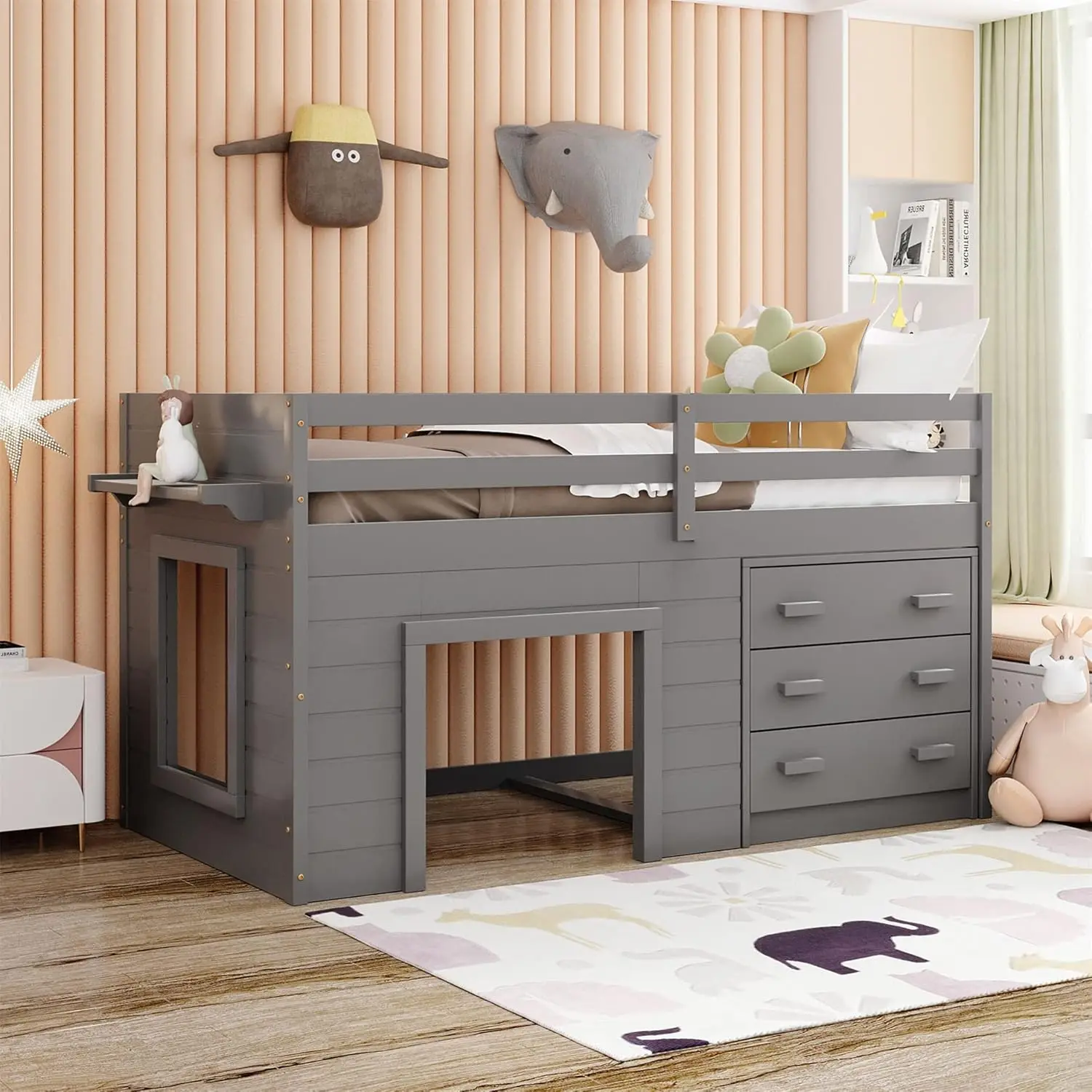 

Harper & Bright Designs Low Loft Beds With Storage Drawers, Wooden Twin Loft Bed With Cabinet And Bedside Tray, Kids Loft Bed