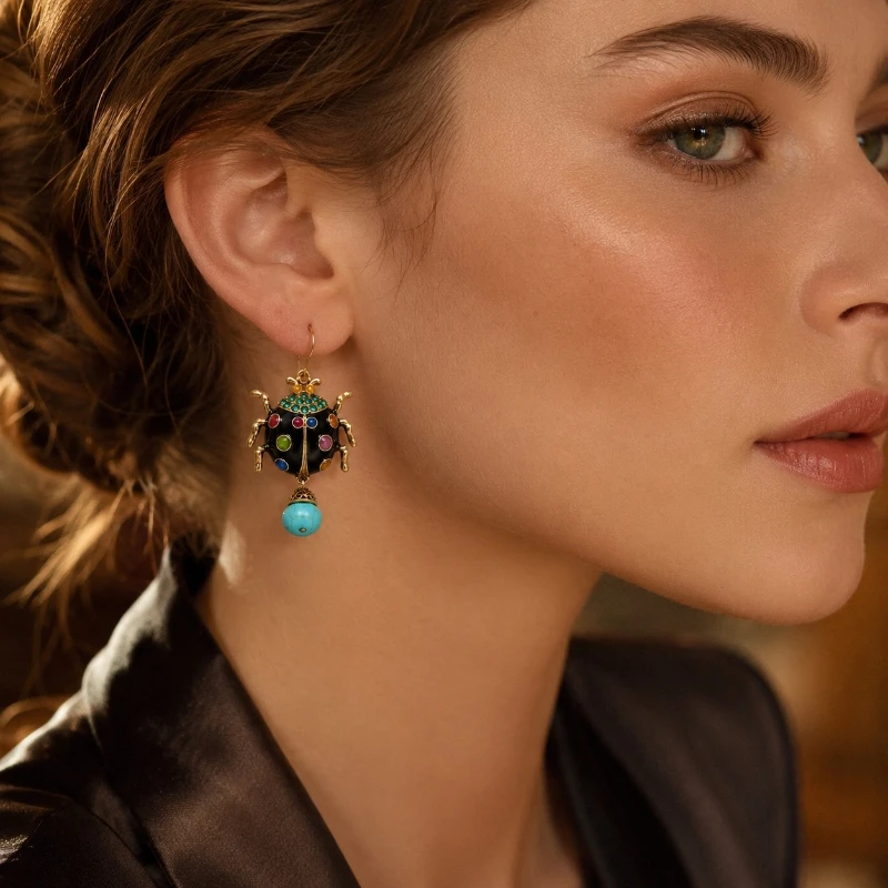 Vintage Enamel Ladybug Tassel Drop Earrings for Women Retro Insect Pendant Earrings Jewelry Gift