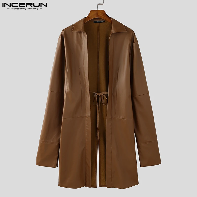 2024 INCERUN Men Causal Flare Long Sleeved Coats Solid Color Handsome Leather Jackets Fashion Lapel Collar Elegant Long Outwears