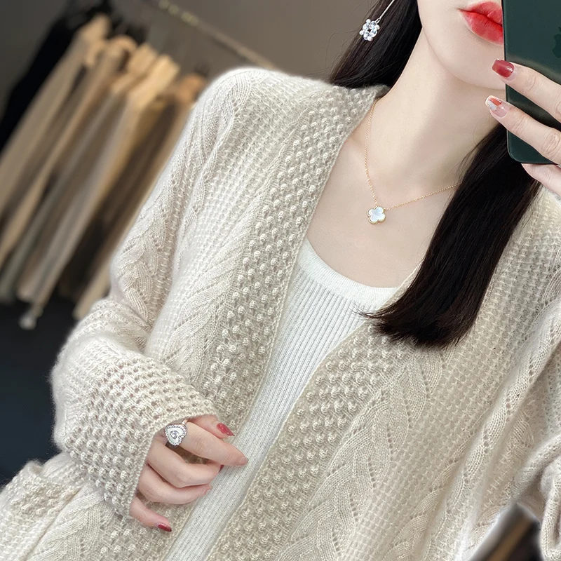 Fall Winter New Sweater Women\'s Long Sleeve Solid Color Cutout Jacquard 100% Pure Wool Genuine Loose Pocket Korean Cardigan Top