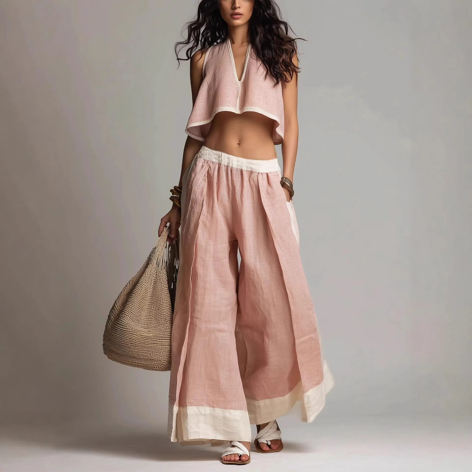 2 Pieces Set For Woman Boho Sleeveless V Neck T Shirt Crop Pink Tee Solid Color Washed Casual Top Black Contrast Trim Tank Top