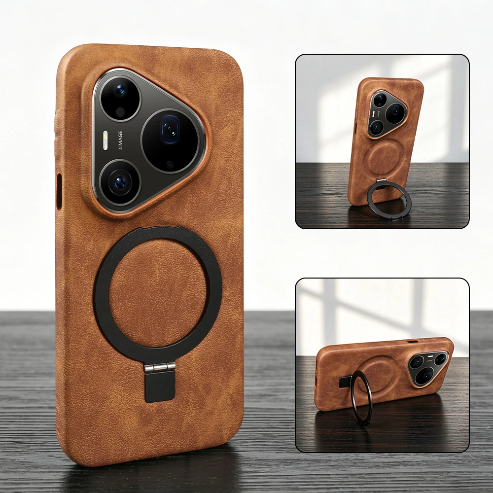 Huawei Mate 60 - Magnetische Halterungsring-Lederhülle für Huawei Pura 90