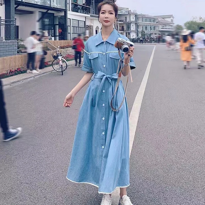 Robe Rétro Bleu Ciel, Robe Chemise Douce Été Nouvelle Taille