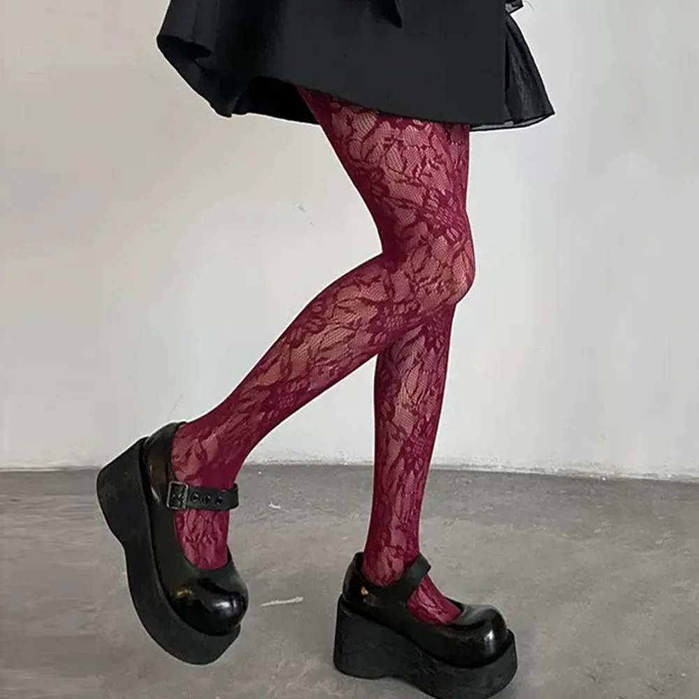 Damen Sexy Retro Blumenmuster Spitzen-Strümpfe Netz-Strümpfe mit Lochmuster Seidenstrümpfe Fischernetz-Spitze Atmungsaktive Strumpfhosen – Detail 9