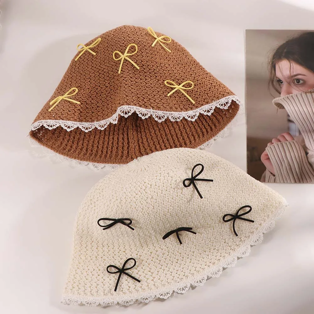 أنيقة مقوس دانتيل القش قبعة ظلة الشمس حماية واقية من الشمس صياد قبعة الكورية نمط قبعة بحافة المرأة قبعة الشمس النساء #6