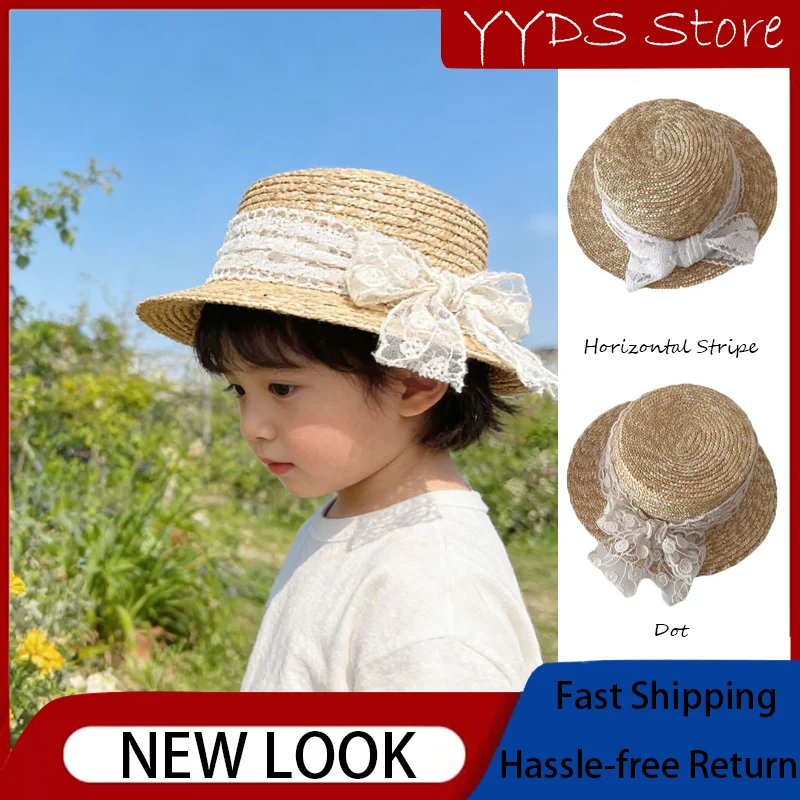

Parent-Child Kids Wheat Straw Hat Lace Bow Summer Girls Large Brim UV Protection Beach Cap
