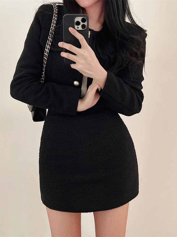 Coreano Fashion Tweed 2 Set di due pezzi completi da donna 2023 autunno manica lunga giacca corta + minigonna a-line abiti Vintage