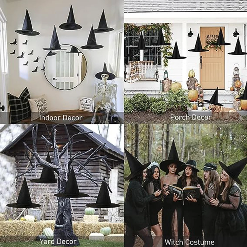 12/24Pcs Hanging Witch Hats with 40M Hanging Rope Halloween Wizard Hats Party Decoration Floating Front Porch Yard Decor