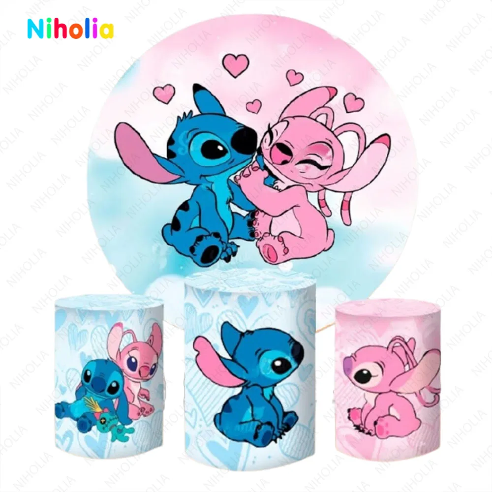 Lilo and Stitch Round Circle Backdrop Baby Kid Birthday Party Pink Love Background Cylinder Cover Elastic Banner Photo Studio