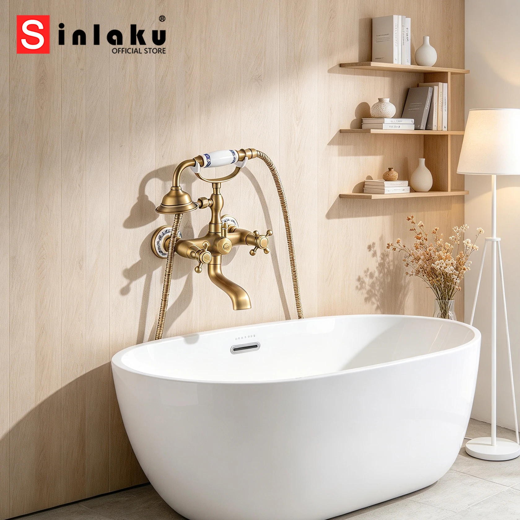 SINLAKU Bathroom Antique Brass Bathtub Shower Faucets Set Wall Mounted Bath Shower Set 360 Swivel Tub Spout Cold Hot Mixer Tap