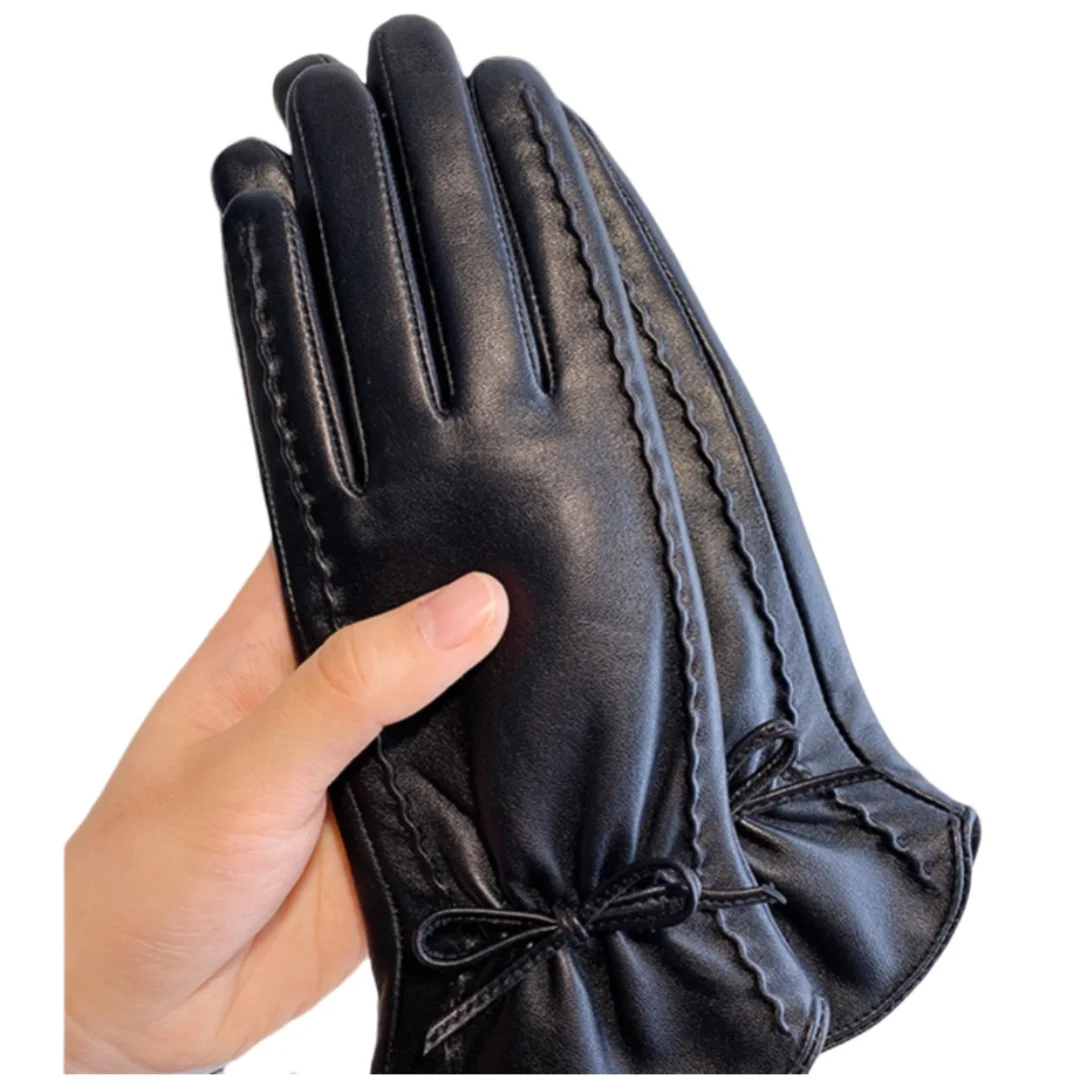 سيدة أنيقة قفازات جلدية حقيقية سكوتر كهربائي القيادة جلد الغنم ضوء فاخر القوس الأسود مثقب تنفس الشتاء الخريف