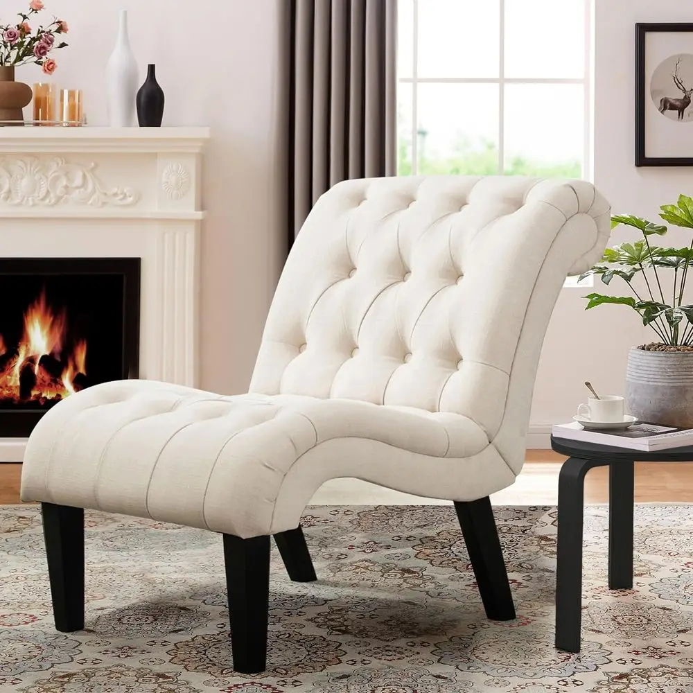 

Chair for Bedroom Living Room Chairs Tufted Upholstered Lounge Chair with Wood Legs Linen Fabric