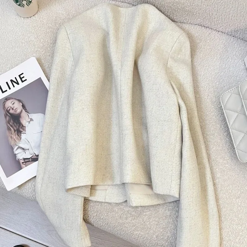 Spring Autumn V-neck Coat Women White Cropped Top Single-breasted Blazer Long Sleeves Jacket Mujer Office Lady Outerwear Trendy