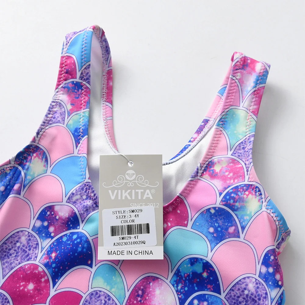VIKITA Kids Mermaid Print Colorful Swimsuit One Piece Girls Backless Bathing Suits Children Swimwear Kids Travel Beachwear 4-10Y
