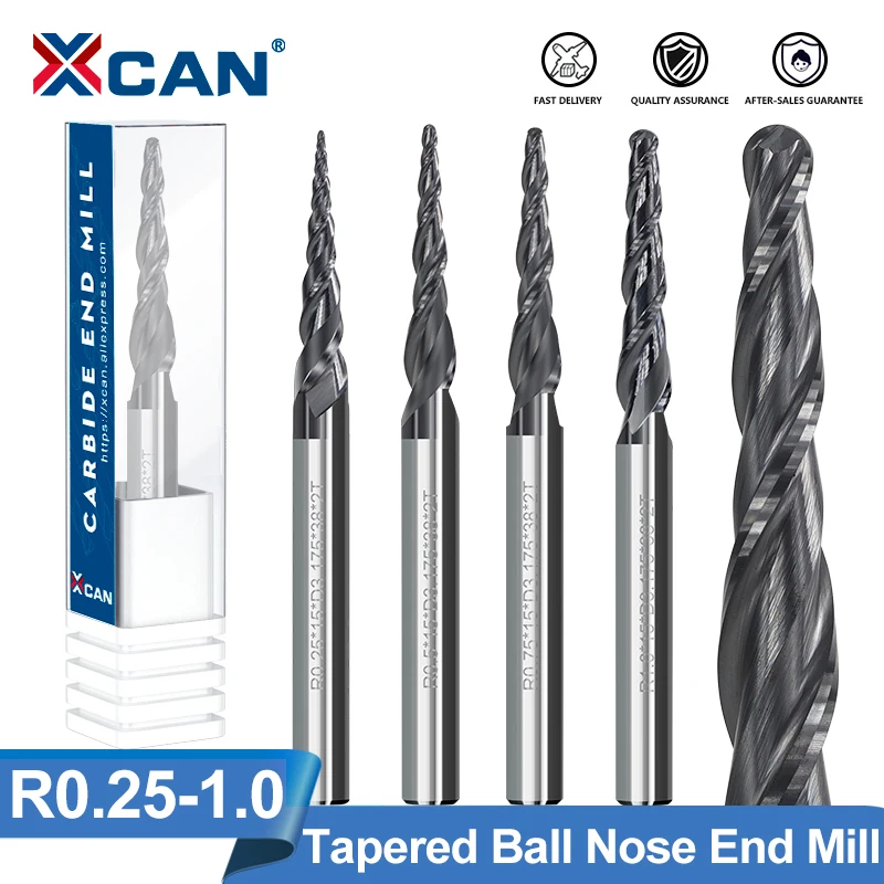 XCAN Milling Cutter Tapered Ball Nose End Mill R0.25/R0.5/R0.75/R1.0 3.175mm Shank Carbide Wood Engraving Bit CNC Router Bit 