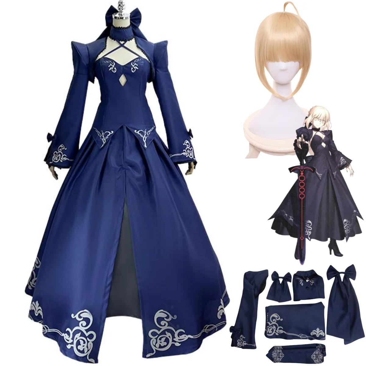 Game Fate/stay Night Altria Pendragon Cosplay Costume Saber Blue Skirt Swordsman Uniform Wig Woman Sexy Carnival Party Suit