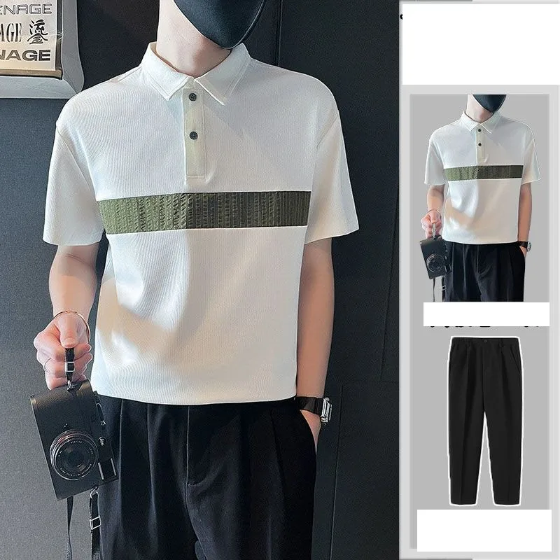 Summer Men's Pullover Solid Turn-down Collar Button Short Sleeve T-shirt High Waist Pockets Casual Sports Pants Clothing Set