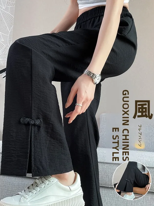 New Chinese Style High Waist Slimming High Waist Cotton Linen Women's Pants Asymmetrical Hem Micro Flared Casual Trousers