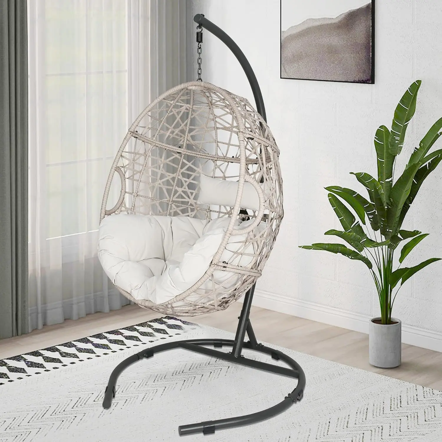 Outdoor Rattan Egg Hanging Swing Chair with Cushions and Stand (Beige)