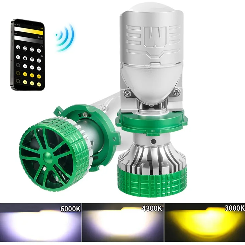 

2Pcs H4 Lens LED Bulbs Headlight APP Controls 6000K 4300K 3000K Three Color LED Projector or Car Headlights Lights 120W
